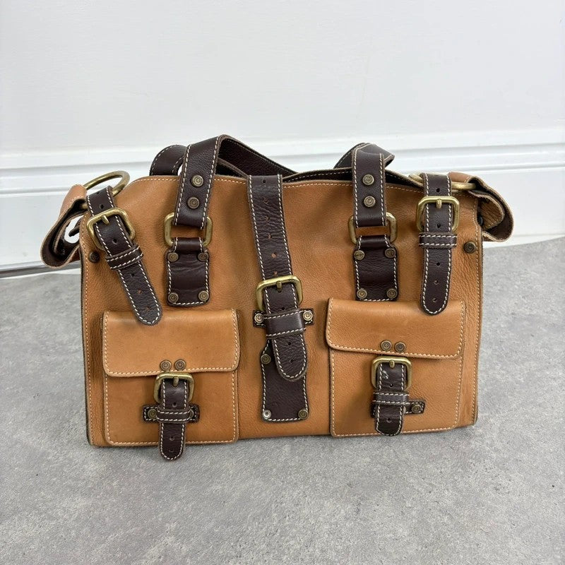 Tan leather Y2K buckle city handbag