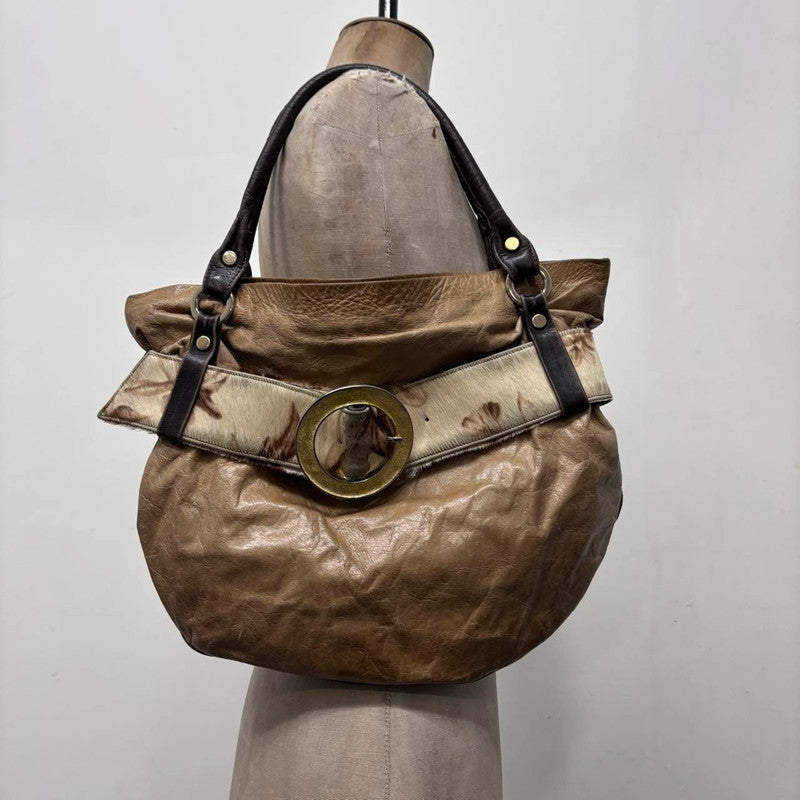 tan leather buckle cowhide shoulder bag