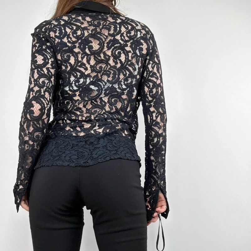 sheer navy lace fitted shirt