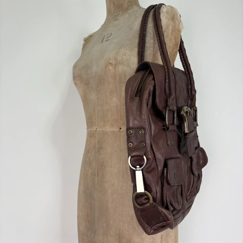 Brown buckle Y2K pocket slouchy tote bag