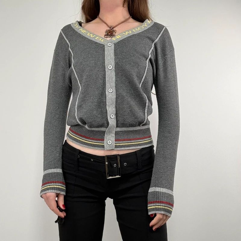 grey cropped knit pinstripe cardigan