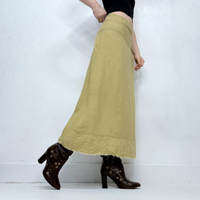 green linen flared maxi skirt