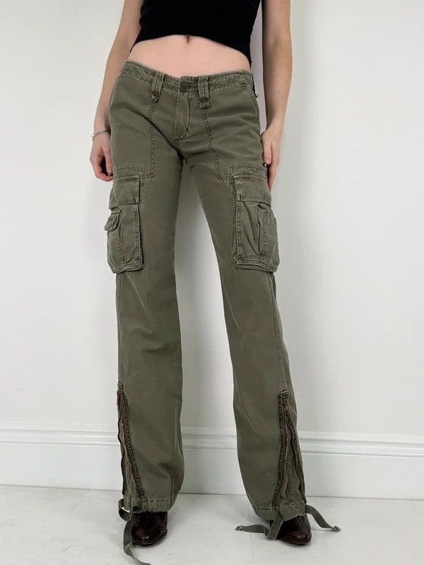 Low rise khaki flared cargo utility trousers