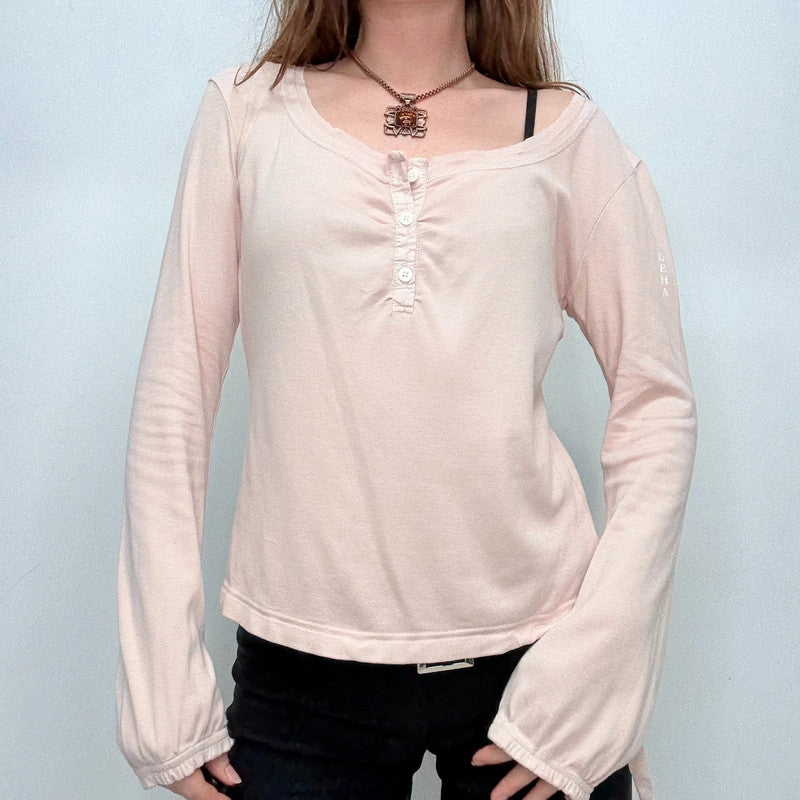 pink slash neck cinched long sleeve t-shirt