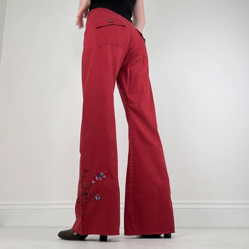 red cotton wide leg flared embroidered trousers