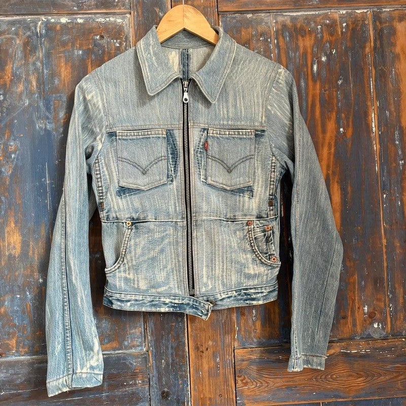 distressed patched denim jacket