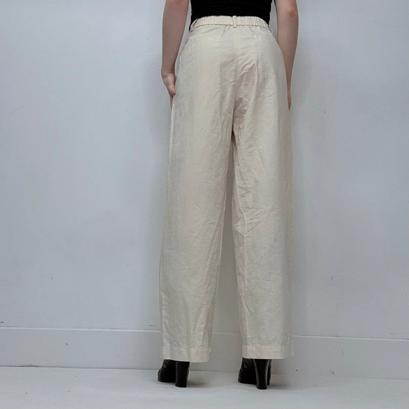cream linen uniqlo wide leg pleated front trousers