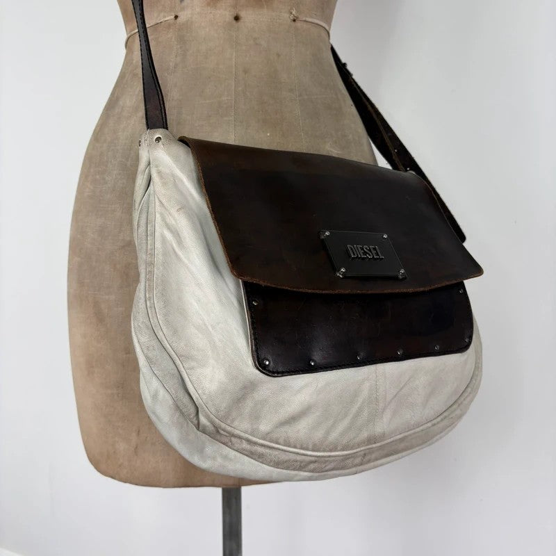 Distressed diesel leather slouchy messenger bag