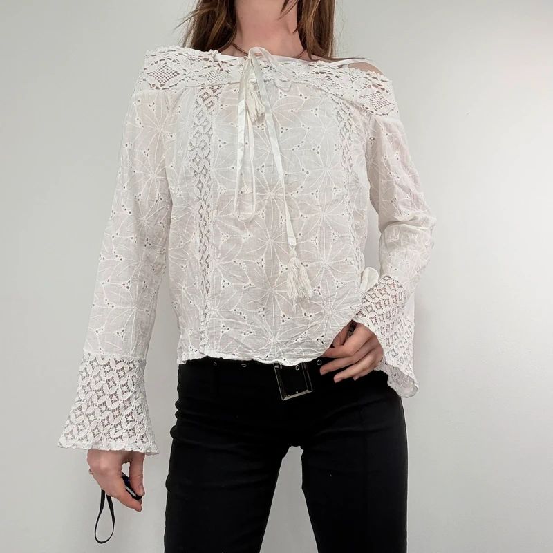 white lace embroidered off the shoulder lace blouse