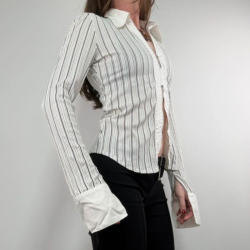 zip through pinstripe fitted white shirt
