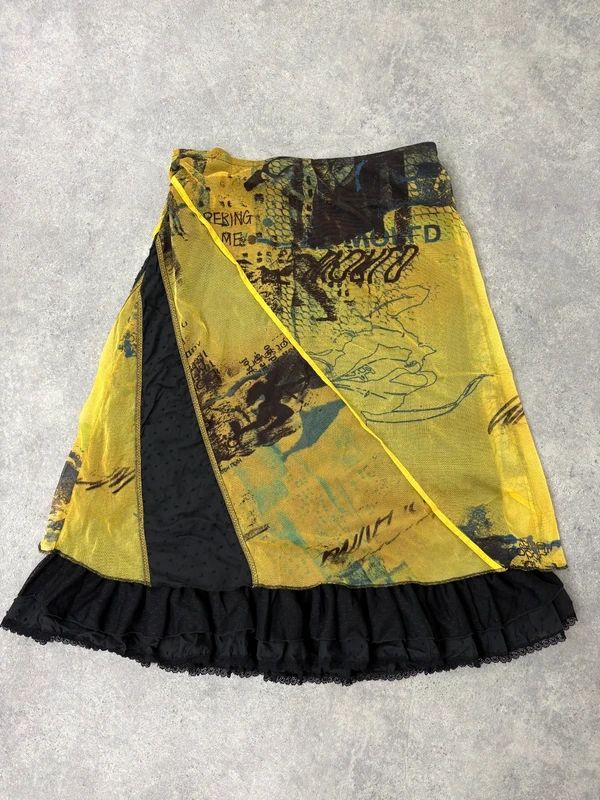 Patchwork graphic mesh layered long skirt