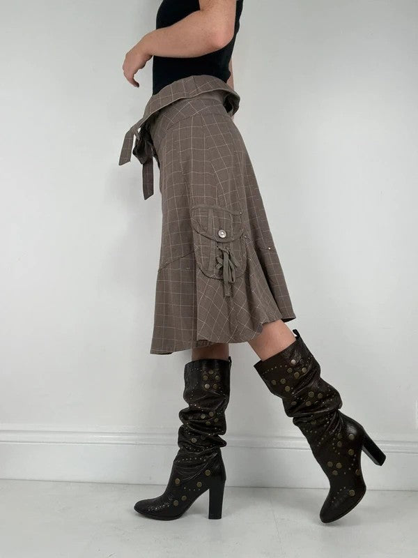 brown tartan low rise flared midi skirt