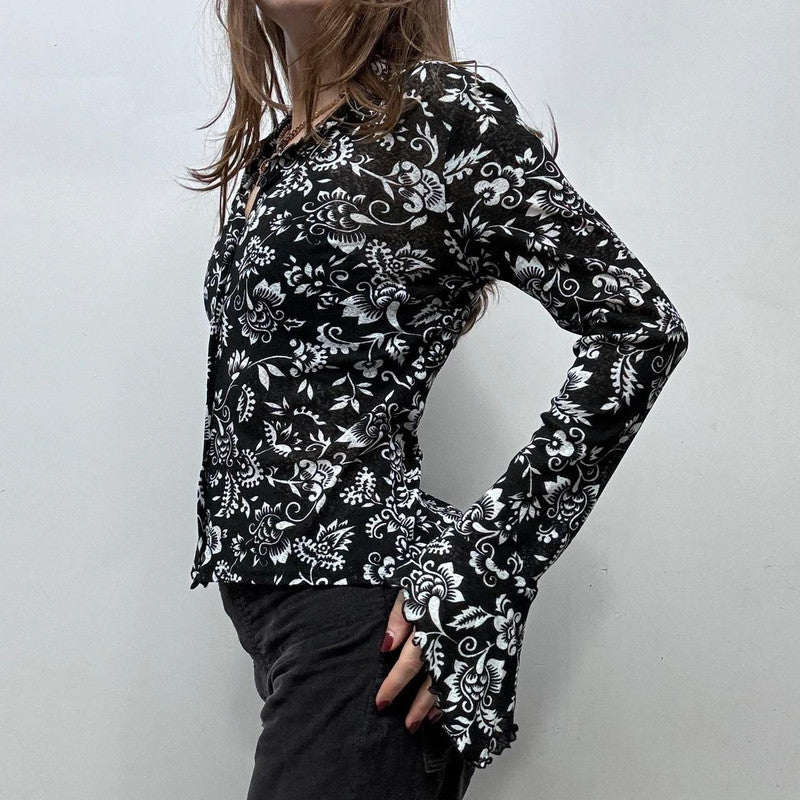 black floral sheer mesh lace shirt