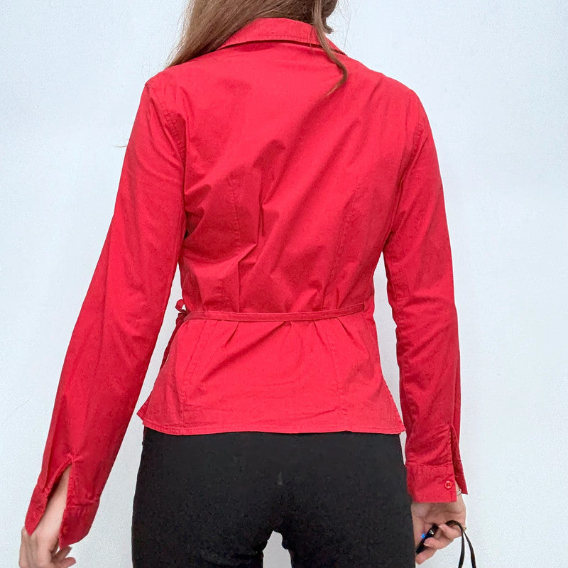 red fitted wrap shirt