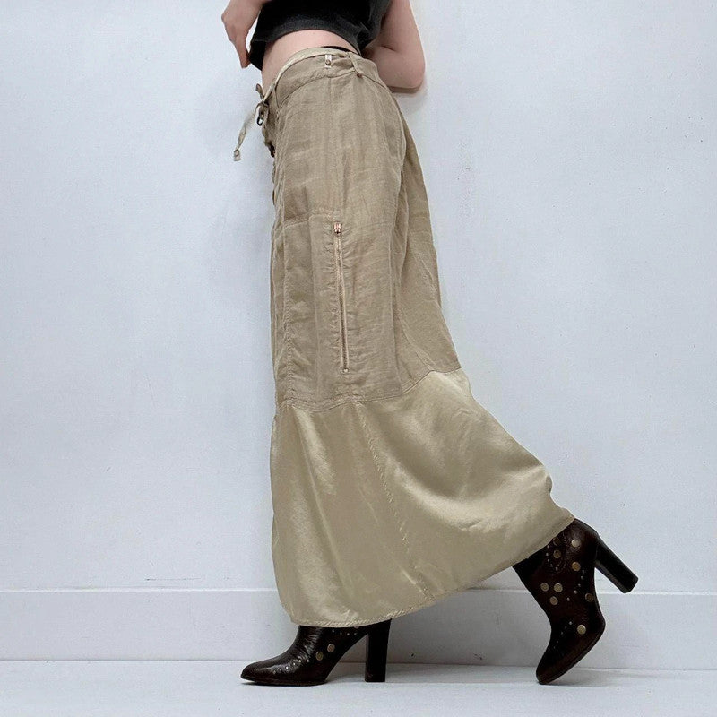 tan linen silk  a-line maxi skirt