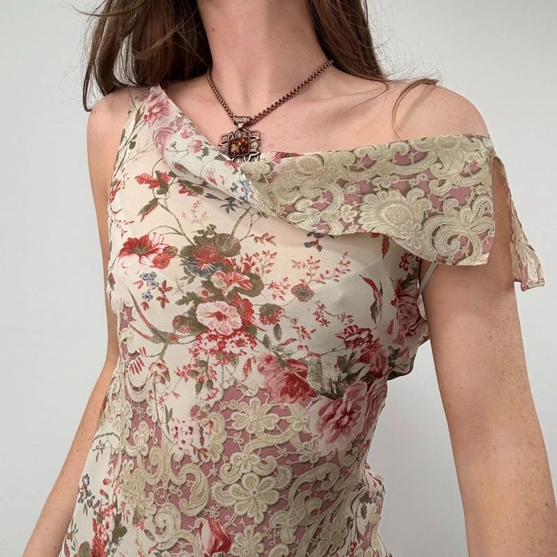 Lace Print cowl neck Drape Vest