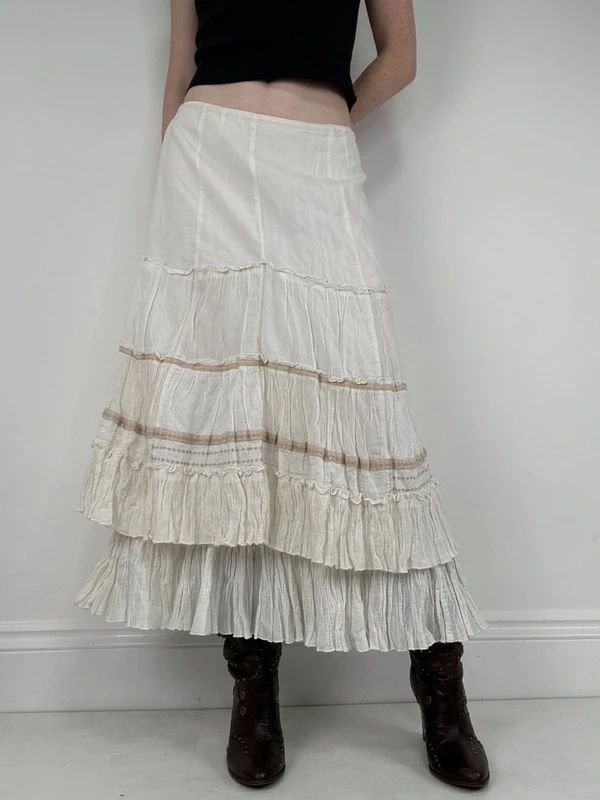 white pleated flared boho fairy maxi skirt