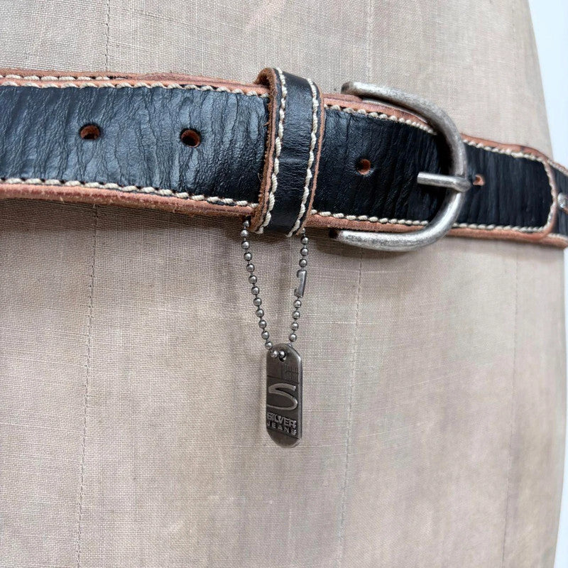 Studded leather black & tan stitch belt
