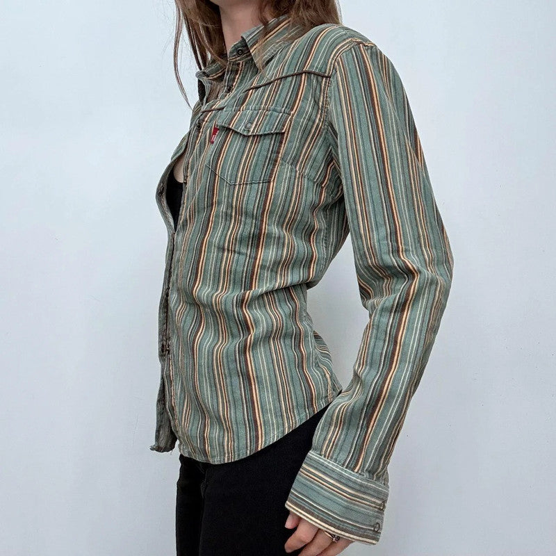 pinstripe khaki flared shirt