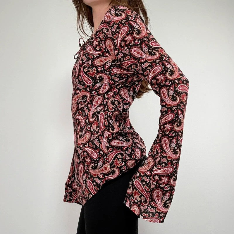paisley flared wide neck blouse