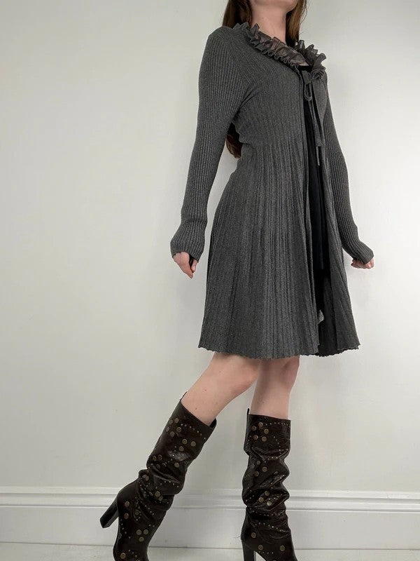 ribbed knit flutter grey long ruffle cardigan