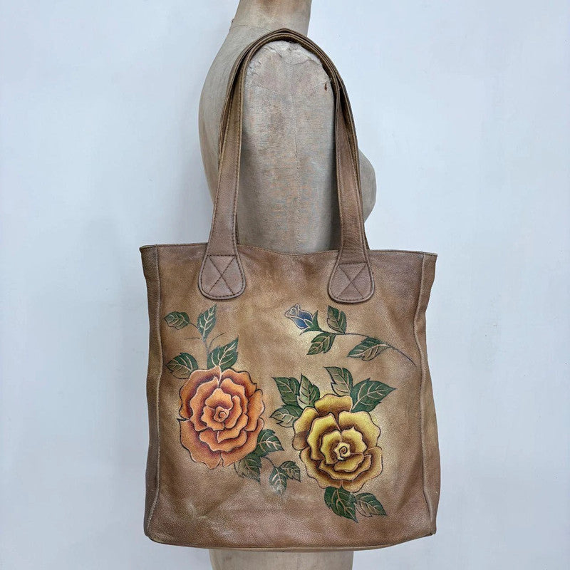 Distressed faux leather floral hand painted bag