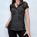 black pinstriped short sleeve shirt