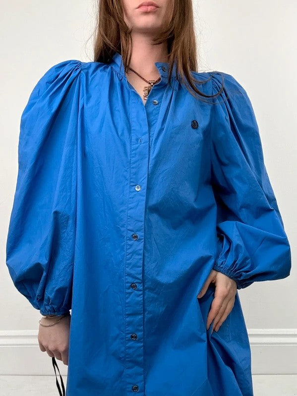 Blue cotton button puff midi shirt dress