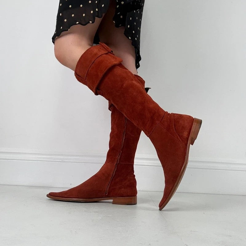 Pointed toe burnt orange suede buckle 70s boots