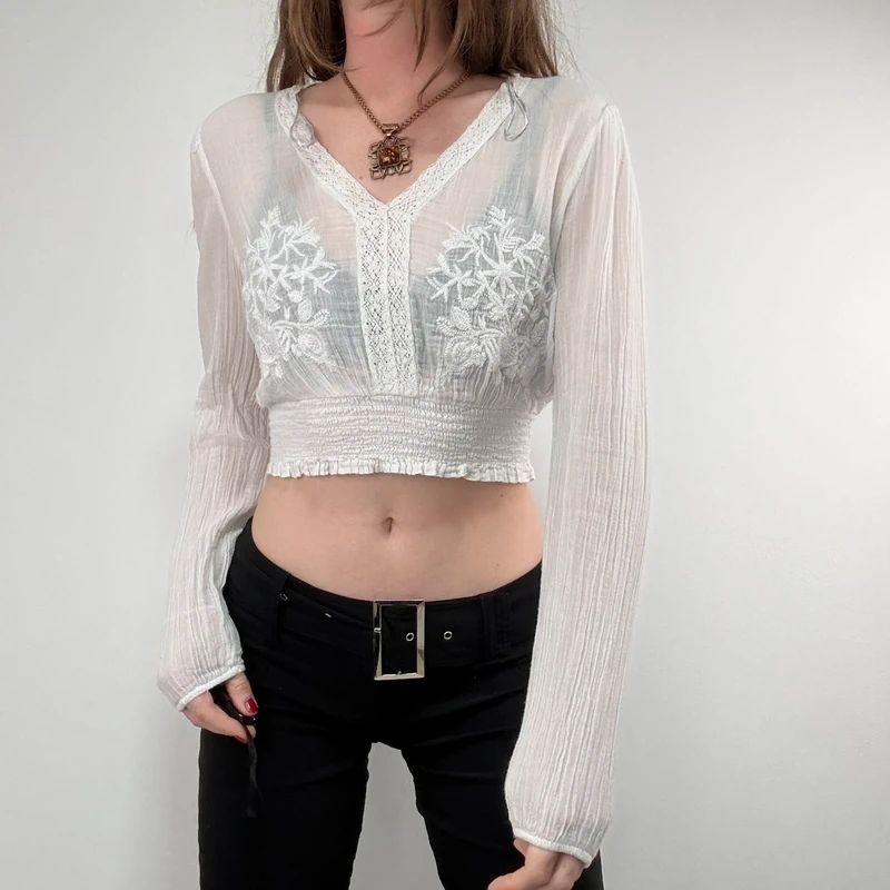 white cotton floral embroidered blouse