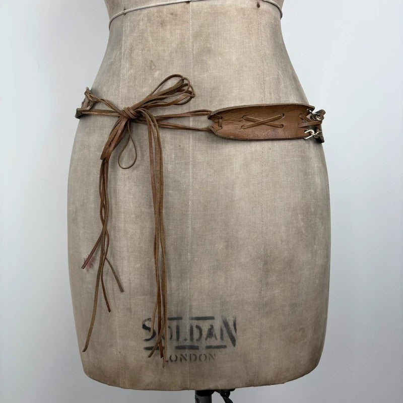 Boho tan leather belt with gold chain and tassel suede