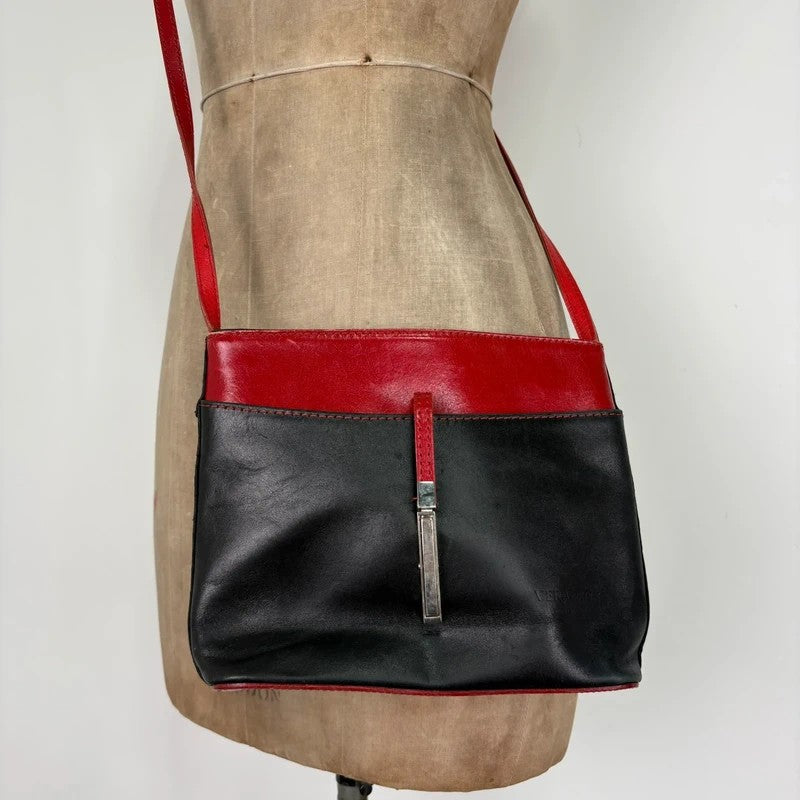 Black and red leather patient mini messenger bag