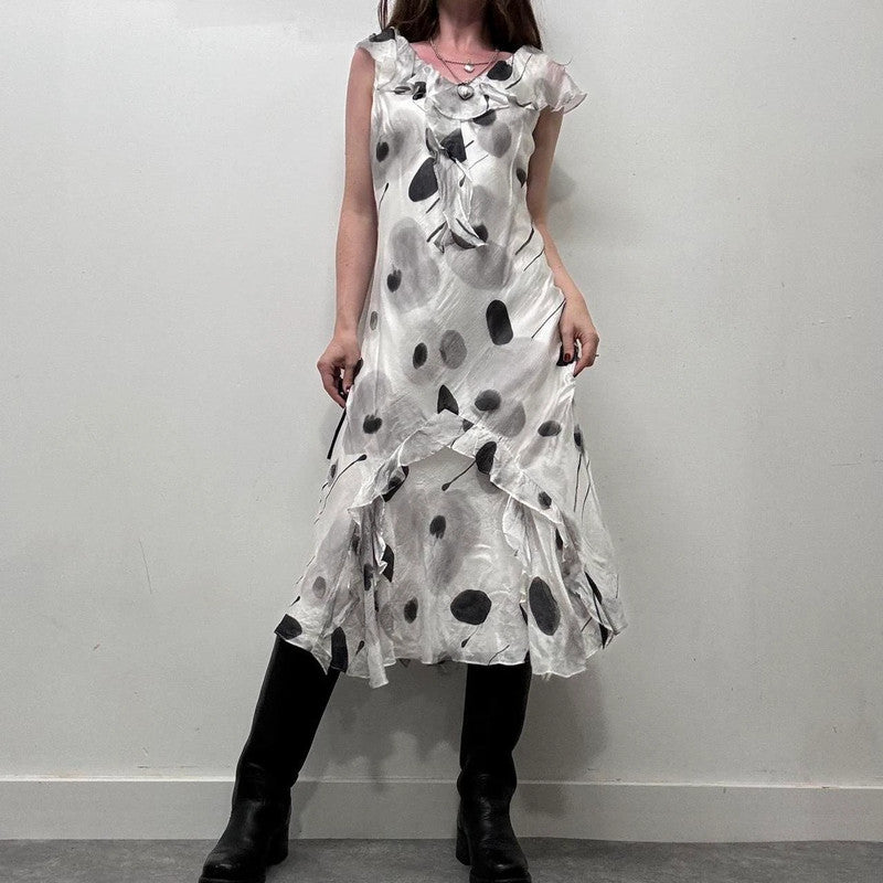 sheer silk ruffle polkadot summer dress
