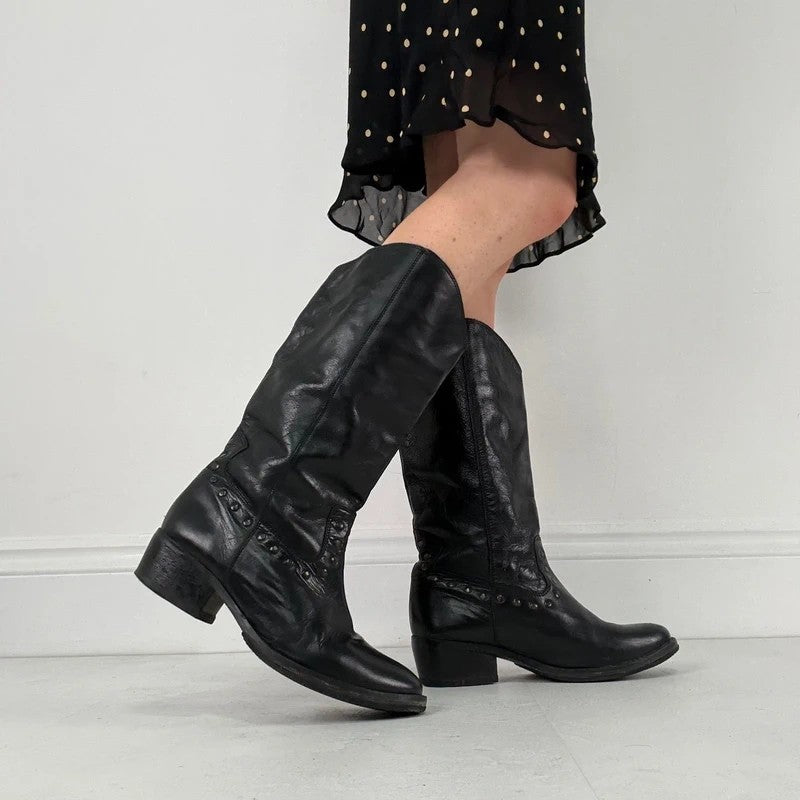 Black leather studded boots