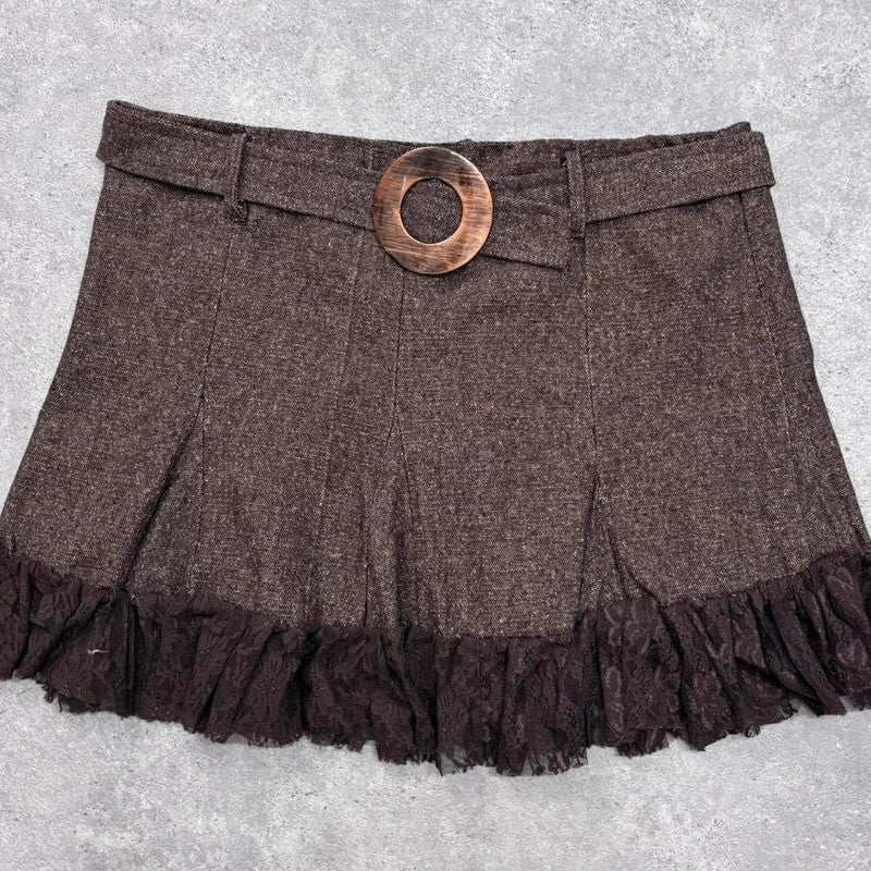 lace tweed brown mini ruffle skirt