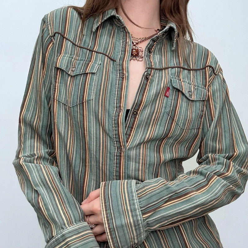 pinstripe khaki flared shirt