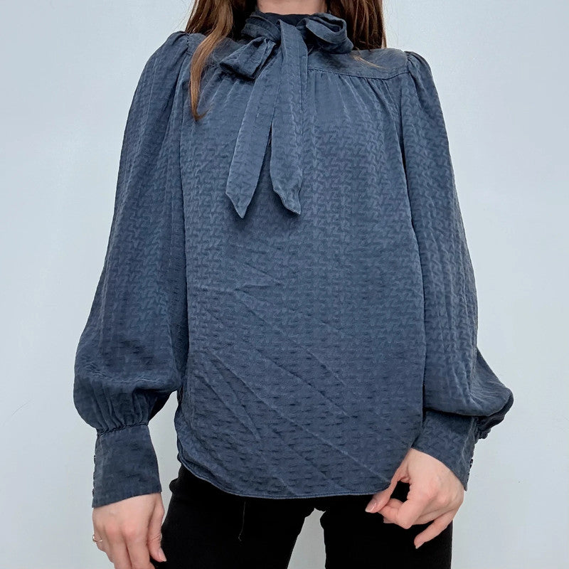 navy silk puff textured blouse