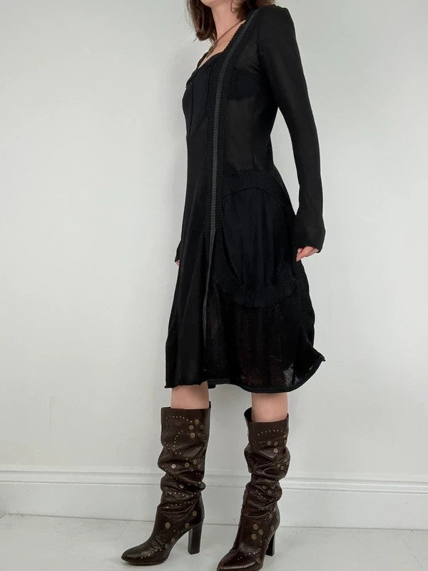 Black long sleeve french midi dress