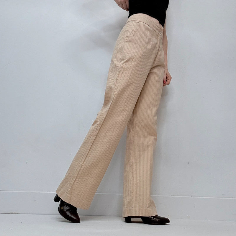 textured pleated pinstripe wide leg flared cotton pants
