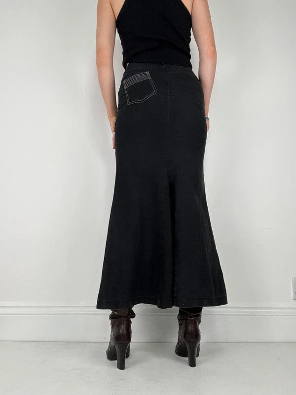 black linen high-waisted stitched flare maxi skirt