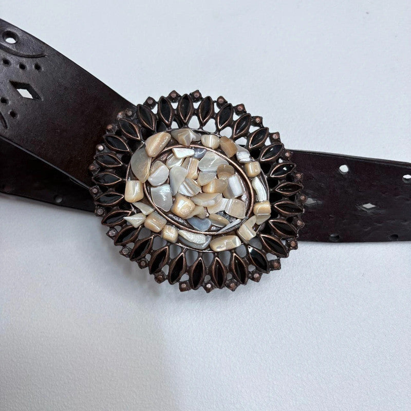 brown leather embossed boho western belt