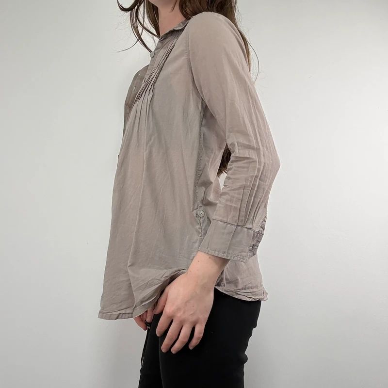 brown pleated flared patchwork button shirt