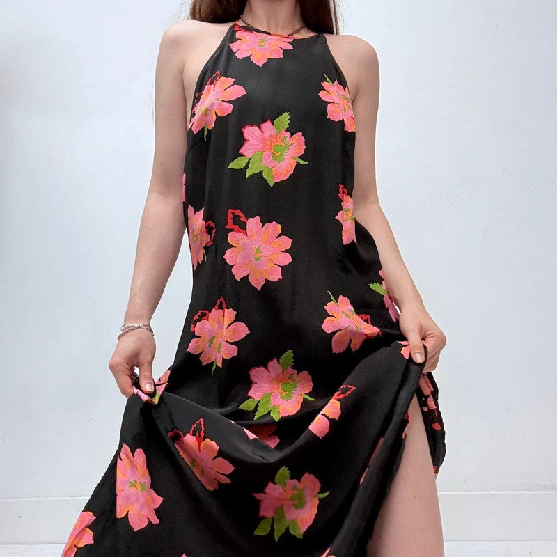black floral bias cut maxi dress