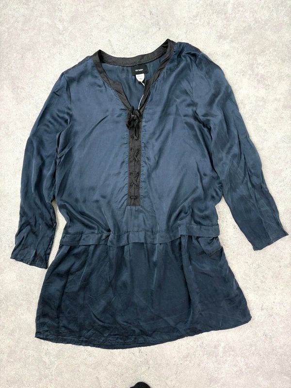 navy silk drop waist long sleeve shirt dress
