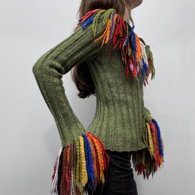 ribbed knit tassel flared cardigan