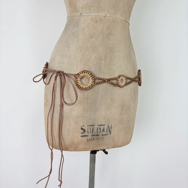 Woven beaded tie up waist belt