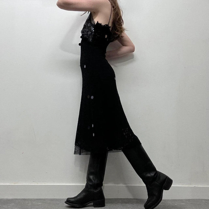 black lace beaded bias cut dress