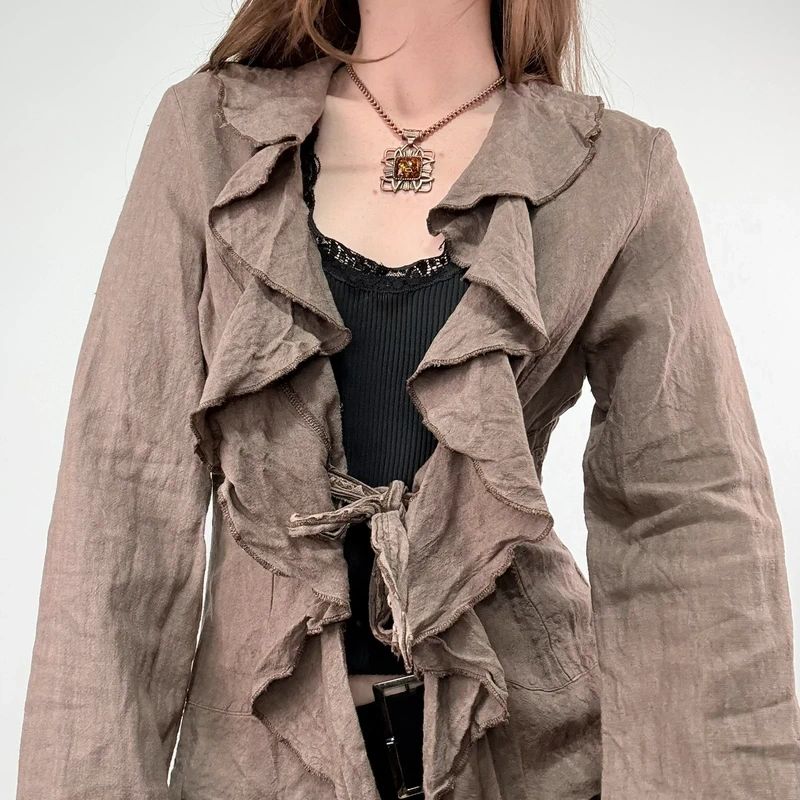 brown linen flared fitted ruffle shirt