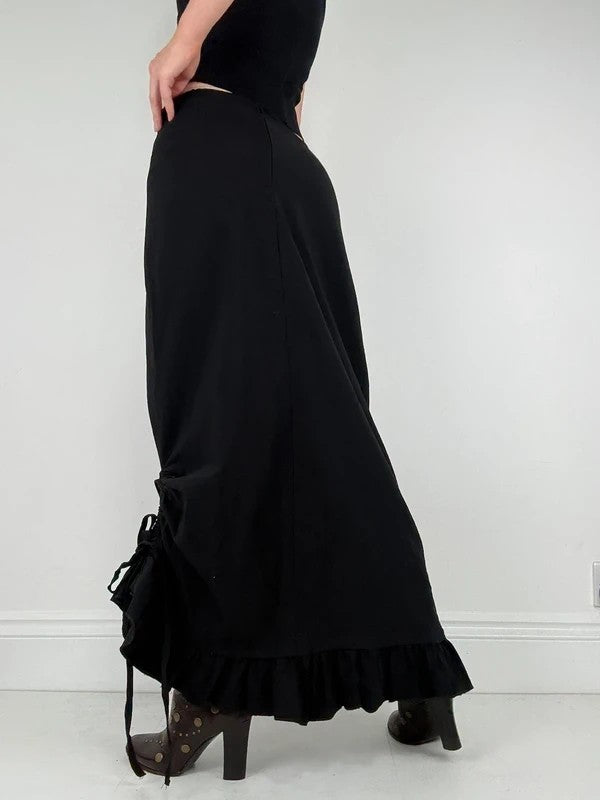 Low waisted black cinched ruffle maxi skirt