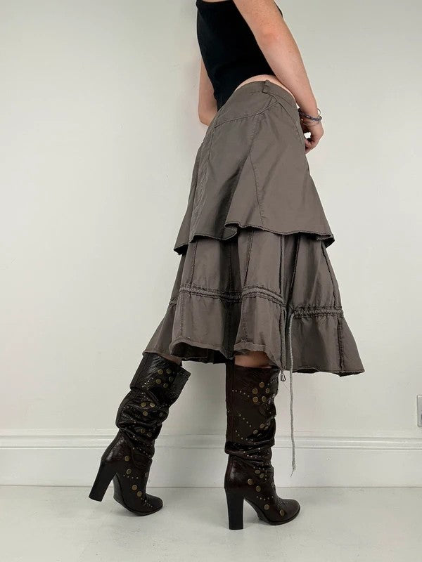 Khaki layered ruffle midi pleated skirt